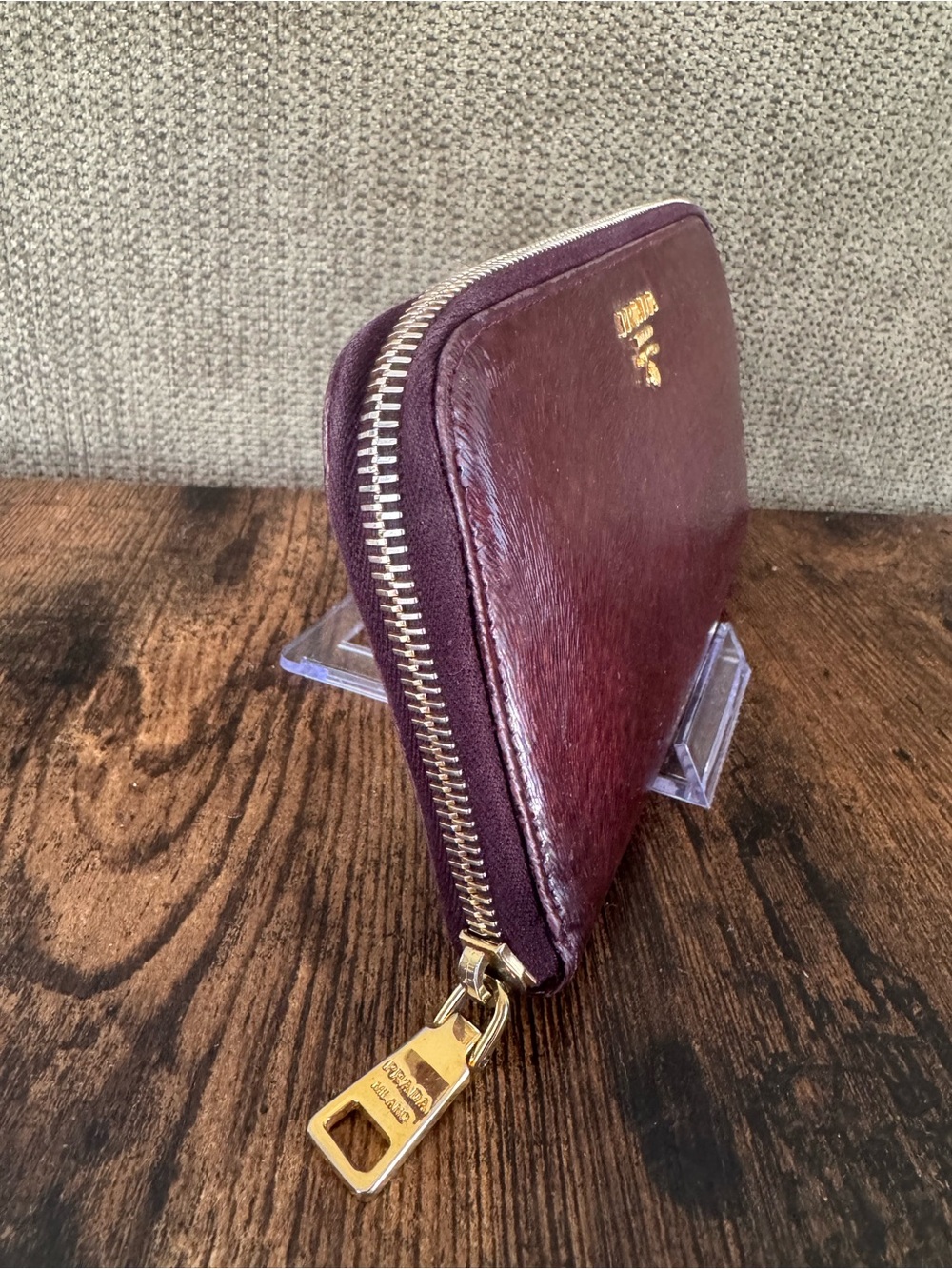 Prada Wine Red Haircalf Zip Wallet with Gold Logo - Picture 3 of 6